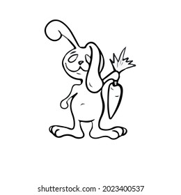 Diseño de vectores en un fondo blanco aislado para postales, pancartas, pegatinas. Conejo divertido con zanahoria