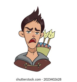 Diseño de vectores en un fondo blanco aislado para postales, pancartas, pegatinas.Niño gracioso arquero, indiferencia emocional