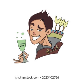 Vector design on a white isolated background for postcards, banners, stickers and social networks.Funny archer boy, emotion drunk