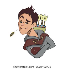Vector design on a white isolated background for postcards, banners, stickers and social networks.Funny archer boy, emotion grin