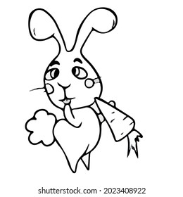 Vector design on a white isolated background for postcards, banners, stickers .Funny bunny with a carrot coloring book