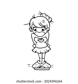 Vector design on a white isolated background for postcards, banners, stickers for social networks .Funny girl in fright stands on the scales, coloring