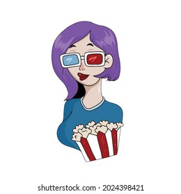 Vector design on a white isolated background for postcards, banners, stickers for social networks .Funny girl with popcorn watching a movie