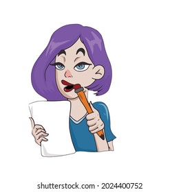 Vector design on a white isolated background for postcards, banners, stickers for social networks .Cute girl with a pencil and a piece of paper