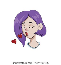 Vector design on a white isolated background for postcards, banners, stickers for social networks .Cute girl face and kiss