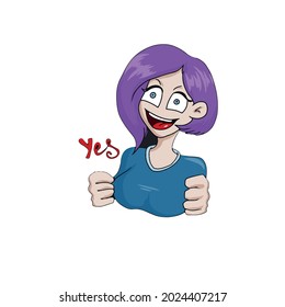 Vector design on a white isolated background for postcards, banners, stickers for social networks .Cute girl face and text yes