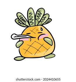 Diseño de vectores en un fondo blanco aislado para postales, carteles, pegatinas para redes sociales. Piña de dibujos animados cutáneos con la espalda girada