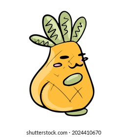 Vector design on a white isolated background for postcards, banners, stickers for social networks .Cute cartoon pineapple with its back turned