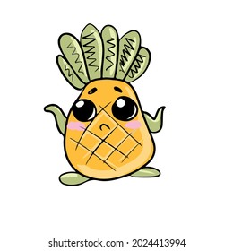 Vector design on a white isolated background for postcards, banners, stickers for social networks .Cute cartoon pineapple does not know