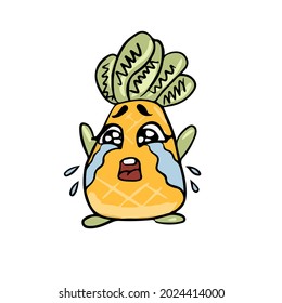 Vector design on a white isolated background for postcards, banners, stickers for social networks .Cute cartoon pineapple is crying