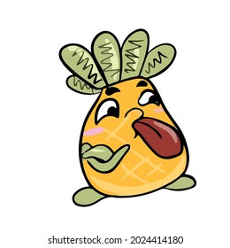 Vector design on a white isolated background for postcards, banners, stickers for social networks .Cute cartoon pineapple shows tongue