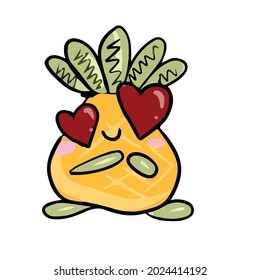 Vector design on a white isolated background for postcards, banners, stickers for social networks .Cute cartoon pineapple hearts in the eyes