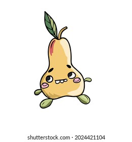 Vektordesign auf weißem, isoliertem Hintergrund für Postkarten, Banner, Aufkleber für soziale Netzwerke. Cute Birne kawai