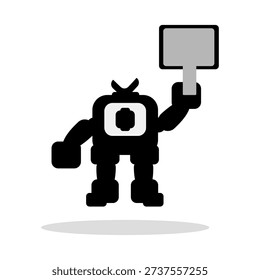Vector design of a one-eyed black robot holding a blank sign.