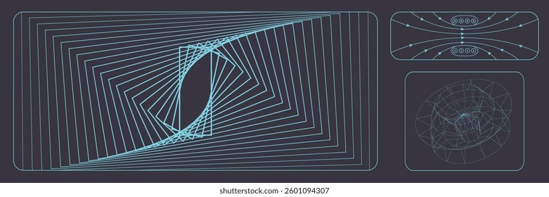 Vector design. Optical illusions, linear perspective, and vector field diagrams in cyan blue on dark background, creating depth and structured complexity. Science. Modern aesthetics, minimalist art.