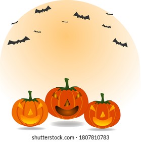 Vector design of orange color smile pumpkins and black bats flying Halloween theme.