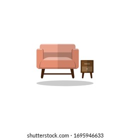 Diseño vectorial, sillón naranja con mesa lateral para la decoración.