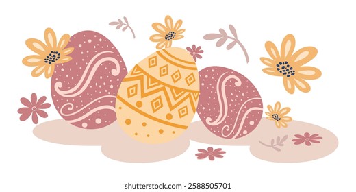 vector design of ornamental eggs and leaf elements, flowers for easter day