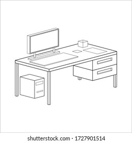 Vector design, Outline table desk with computer, server and paper for decoration painted.