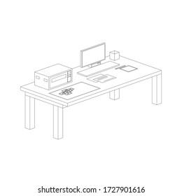 Vector design, Outline table desk with computer, server, save and paper for decoration painted.