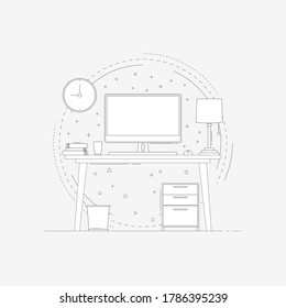 Vector design, Outline table desk with computer screen, mouse, table lamp, cabinet and book is elements.