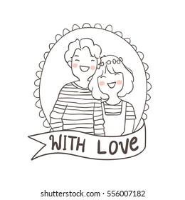 Vector design outline vintage frame of couple love in valentine day.Doodle style.