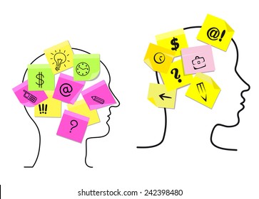 Vector design with the outlines of the heads of a multitasking man and woman with colorful sticky memos stuck to them detailing a variety of different task icons for time management