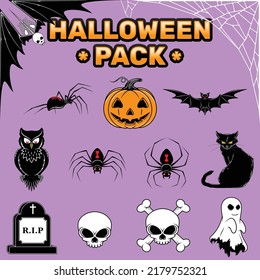 Vector design of pack of characteristic element of Halloween day. Halloween pack with bat, ghost, black cat, spiders, skulls and pumpkin