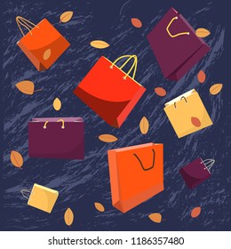 vector design, packing, colored shopping bags, on a blue background with autumn leaves