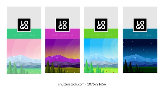 vector design for packing or labels with spacing for tastes, 4 vector illustration of mountain scenery: night, day, morning, evening with abstract geometric background