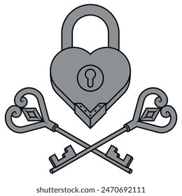Vector design of Padlock and keys with heart shape as a symbol of love