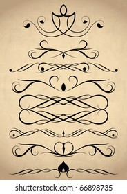 Vector design and page decoration elements in vintage style on old, aged paper background