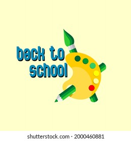 vector design of paint holder, pencil and brush with back to school writing