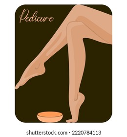 Vector design of a pair of seamless female legs with foot care bowl and pedicure print on dark green background.