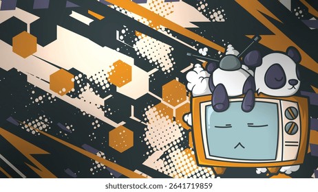 Vector design of a panda sleeping on a retro TV with a hexagon background and dynamic lines. Suitable for wallpaper, poster and merchandise, eps 10, editable.