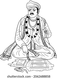 Vektordesign von pandit ji von indianischem Stil in Sitzposition in einem sehr kreativen und professionellen Design. Indische Hochzeitsklauselkunst eines Mannes, der ein Musikinstrument khartal mit seinen Händen spielt.