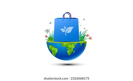 Diseño de vectores para el Día de la Bolsa de Papel. Bolsa Plástica Internacional Día libre o Parar bolsa de plástico usar bolsa de papel de compra biodegradable con fondo de tierra del globo.