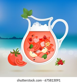 Vector design. Paper cut art. Jug with drink of red fruits and vegetables. Beach and water on backdrop.