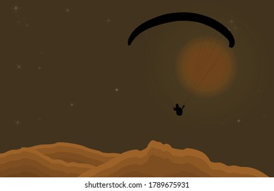 Vector design paragliding against the background of the sun setting over the desert