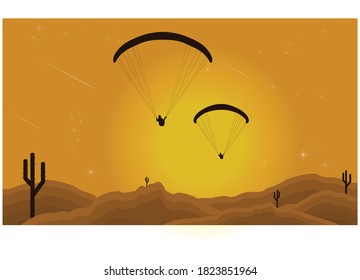 Vector design paragliding against the background of the sun setting over the desert
