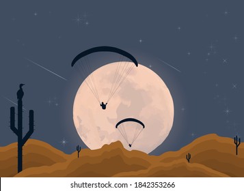 Vector design paragliding against the background of the sun setting over the desert