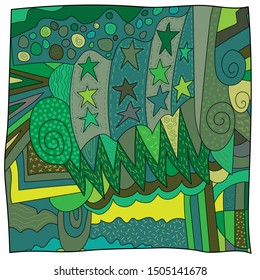Vector design, pattern, doodle, green tone and various shapes as backdrop, suitable for making illustrations.