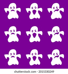 Vector design of pattern halloween's ghost, Casper, white body with differ style of eye and mount isolated   placed on purple night background for seamless use
