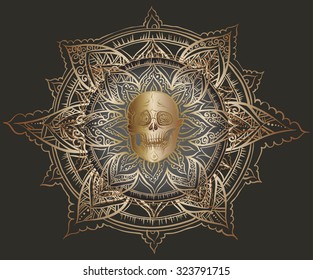 Vector design pattern. Hand drawing. Golden skull on a dark background with an ornament.