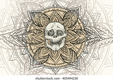 Vector design pattern. Hand drawing. White skull on a light background with ornament.
