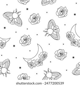 Vector design pattern with moth, roses and crescent moon in black color