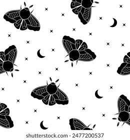 Vector design pattern with moth, stars and crescent moon in black color