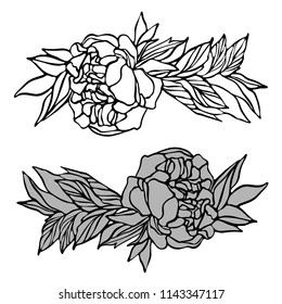 Vector design with peonies. Elements isolated on white background. In black and white style. Can be used for printing on paper, stickers, badges, bijouterie, tattoo.