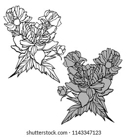 Vector design with peonies. Elements isolated on white background. In black and white style. Can be used for printing on paper, stickers, badges, bijouterie, tattoo.