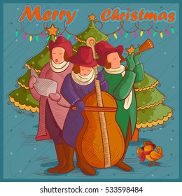 Vector design of people celebrating and singing carol for festival Merry Christmas holiday background